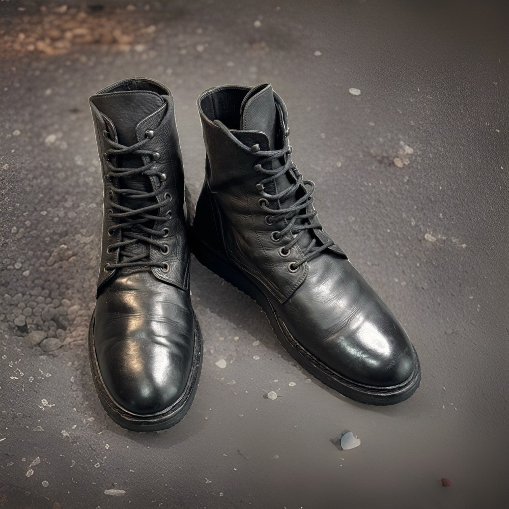 VTG Ann Demeulemeester Leather Combat Boots EU 45 US 12 Black Ripple Sole Italy
